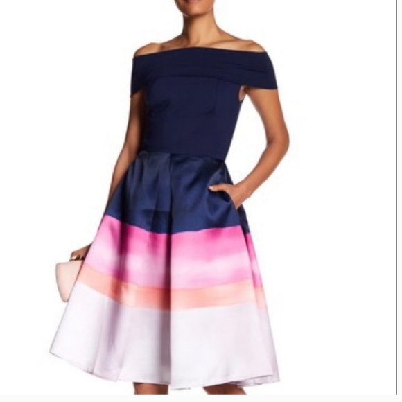 Ted Baker blue pink Hollii off-the-shoulder stripe Jacquard Dress size 1 nwot - Picture 3 of 12